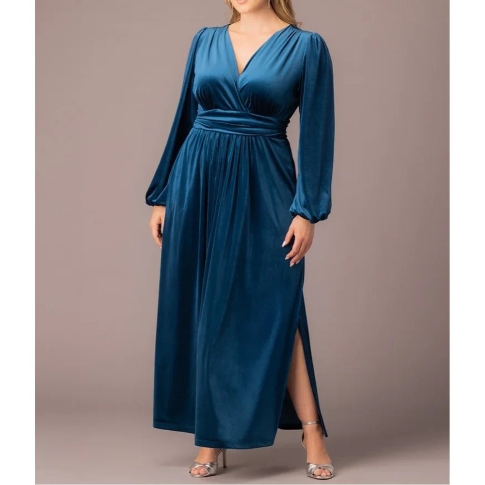 Kiyonna Vivienne Velvet Evening Gown Teal Topaz Blue Maxi Dress Plus Size 2X NEW